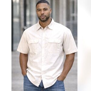 Cream Phat Farm Linen Short Sleeve Button Down Classic Y2K Streetwear Sz XL